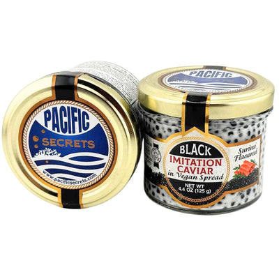 Pacific Secrets Black Vegan Caviar in Vegan Spread | Surimi Flavor | Seaweed | No-Fish | Natural Colors | Kosher | 4.4 oz Gla