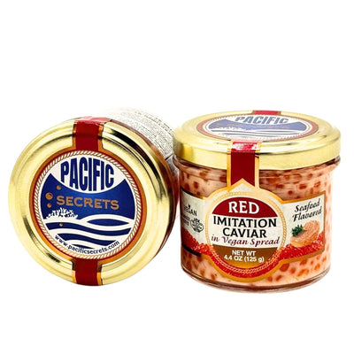 Pacific Secrets Red Vegan Caviar in Vegan Spread | Seafood Flavor | Seaweed | No-Fish | Natural Colors | Kosher | 4.4 oz Glas