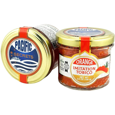 Pacific Secrets Orange Smoked Vegan Tobico Caviar | Seaweed Tobiko | No-Fish | Kosher | 3.5 oz Glass Jar